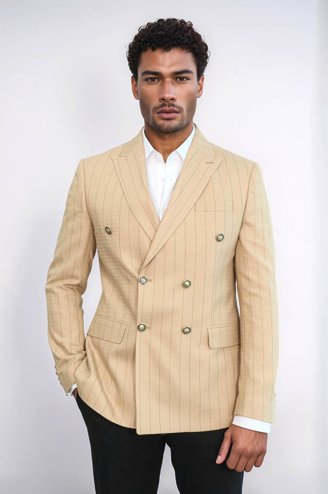 Double Breasted Slim Fit Striped Cream Men Blazer - Wessi