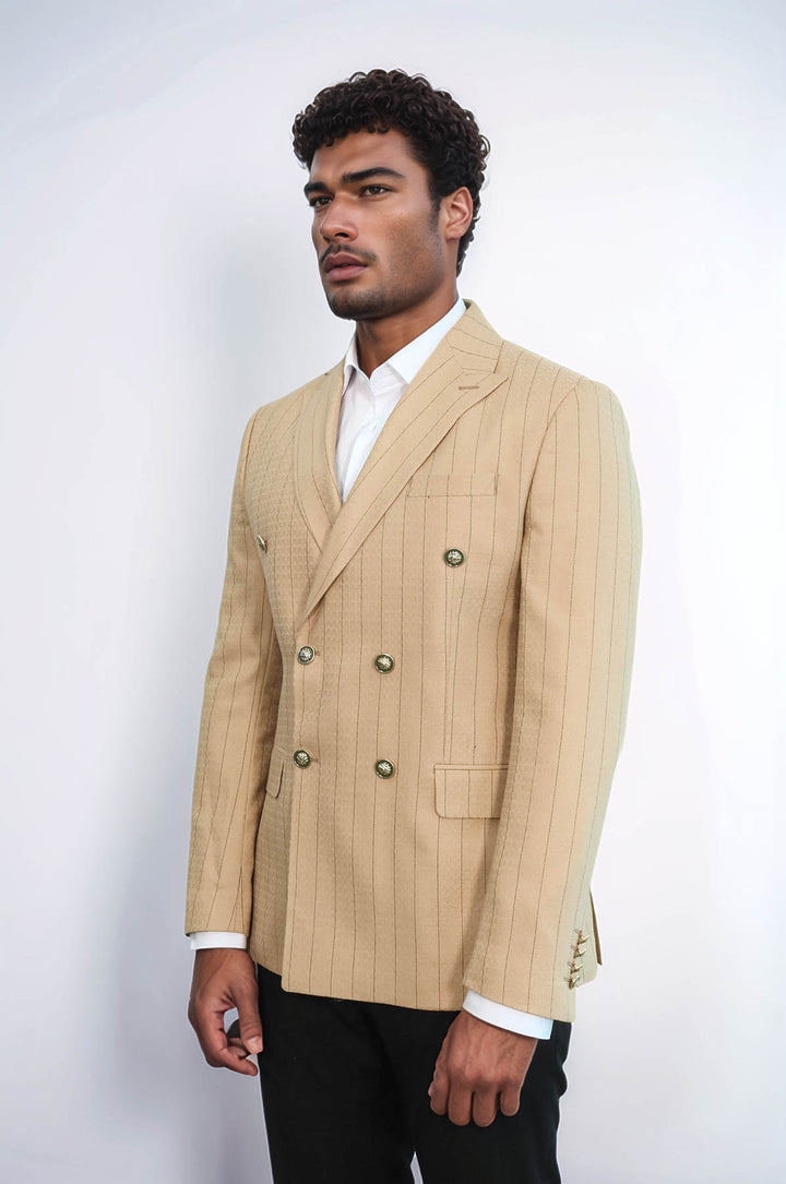 Double Breasted Slim Fit Striped Cream Men Blazer - Wessi