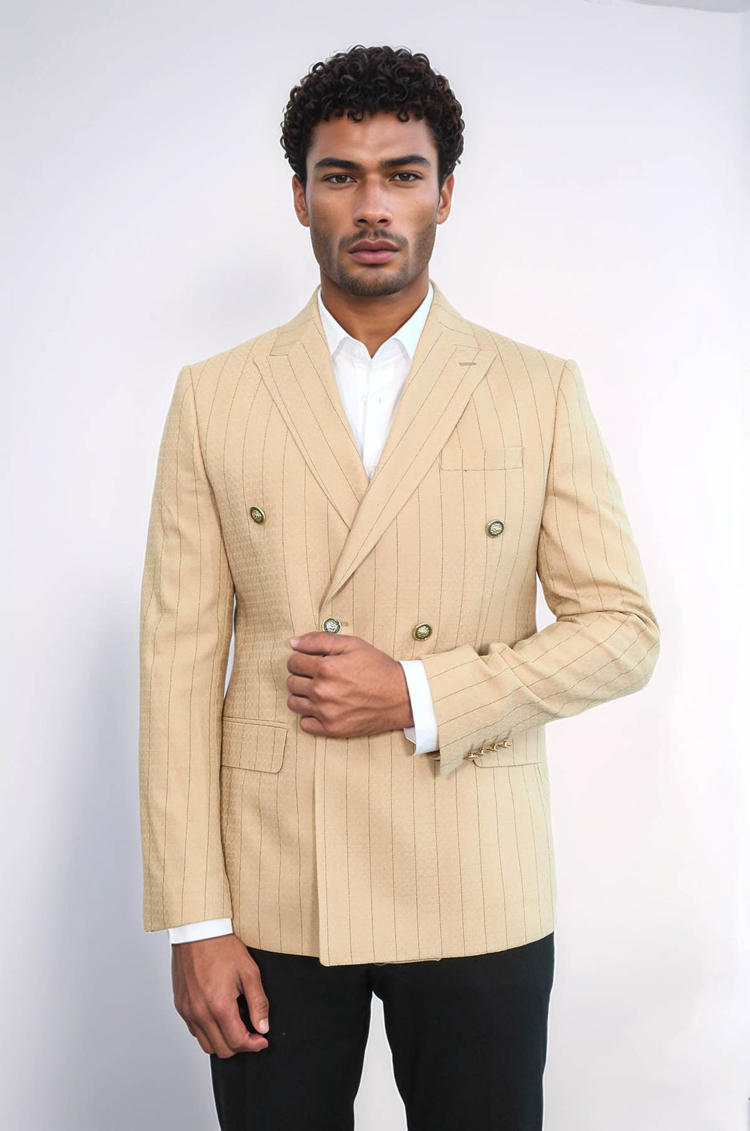 Double Breasted Slim Fit Striped Cream Men Blazer - Wessi