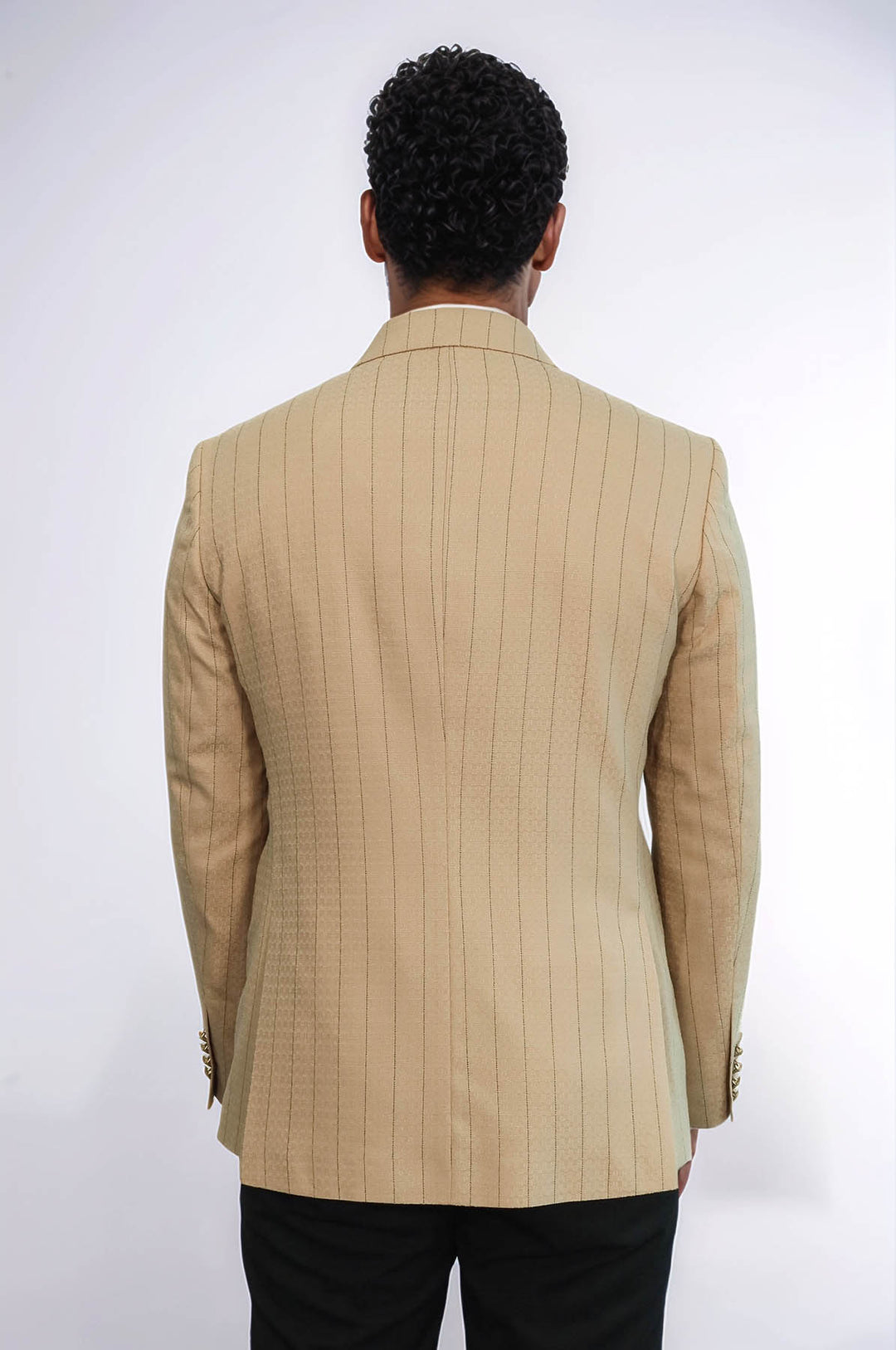 Double Breasted Slim Fit Striped Cream Men Blazer - Wessi