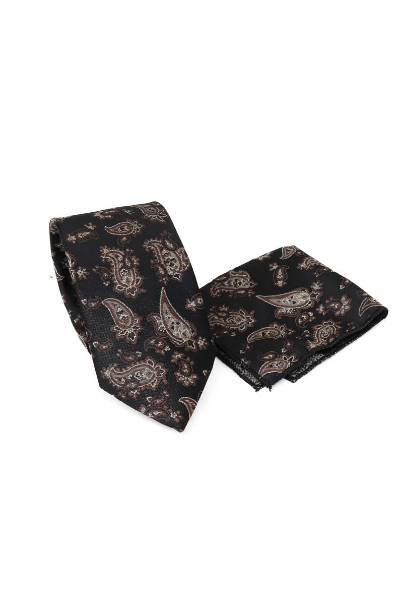 Black Paisley Pattern Tie and Handkerchief Set - Wessi