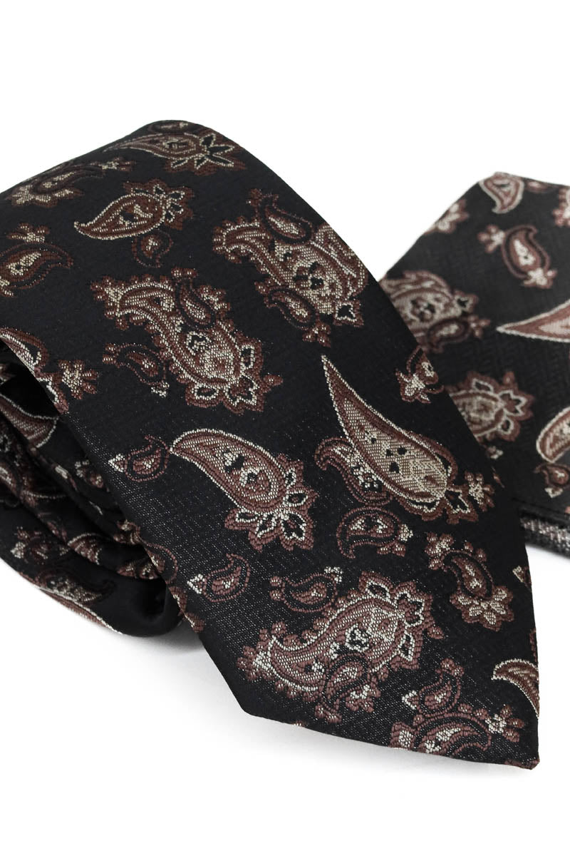 Black Paisley Pattern Tie and Handkerchief Set - Wessi