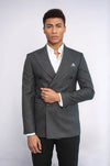 Houndstooth Patterned Grey Men Double Breasted Blazer - Wessi