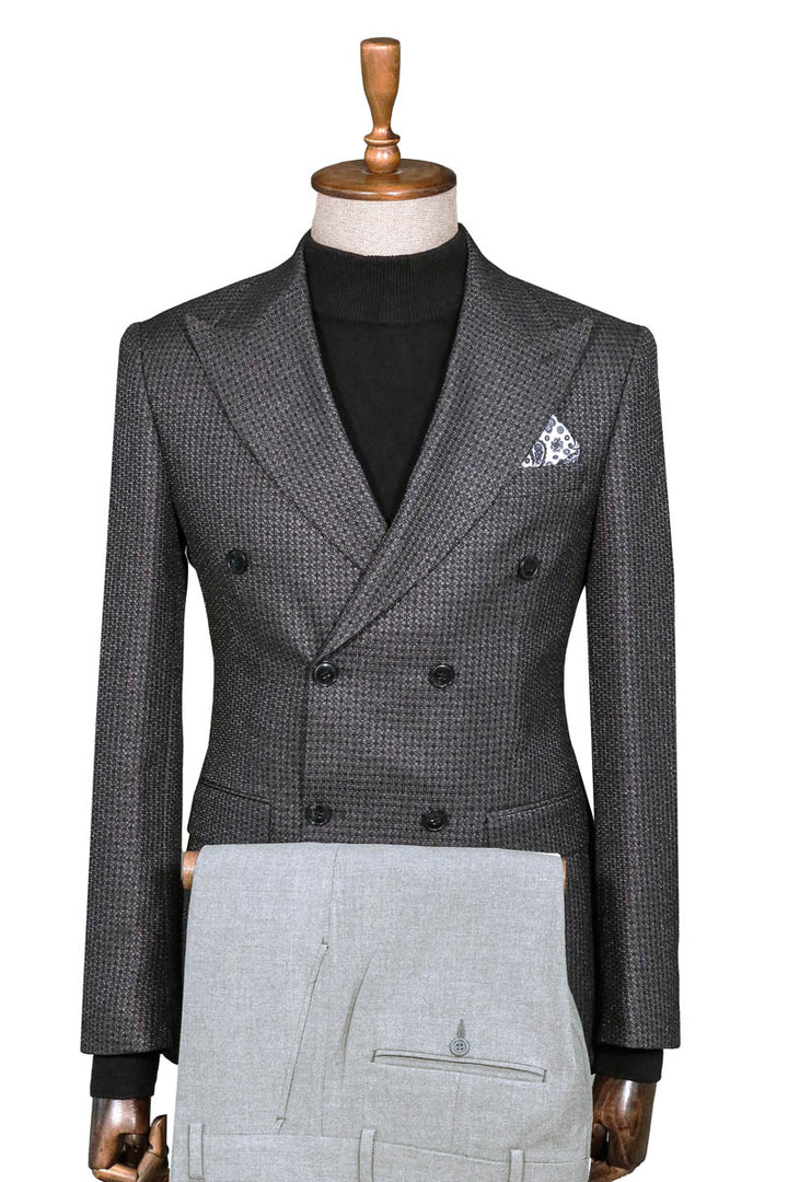 Gray Double-Breasted Jacket, Black Turtleneck Knitwear, and Gray Trousers Look - Wessi Winter Elegance Style