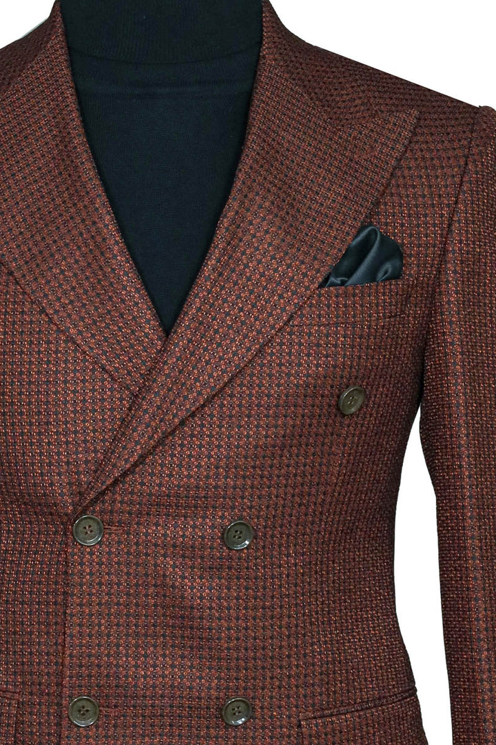 Brown Patterned Double-Breasted Jacket, Black Turtleneck Knitwear, and Trousers Look - Wessi Winter Elegance Style