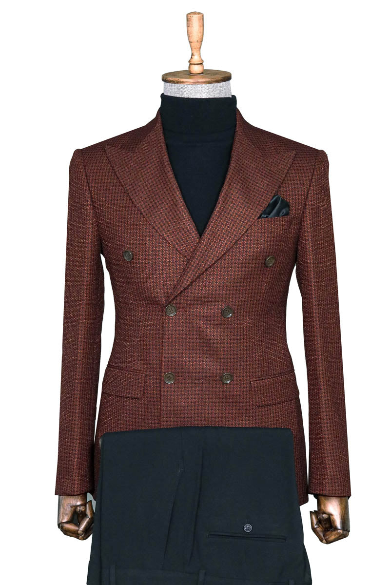 Brown Patterned Double-Breasted Jacket, Black Turtleneck Knitwear, and Trousers Look - Wessi Winter Elegance Style