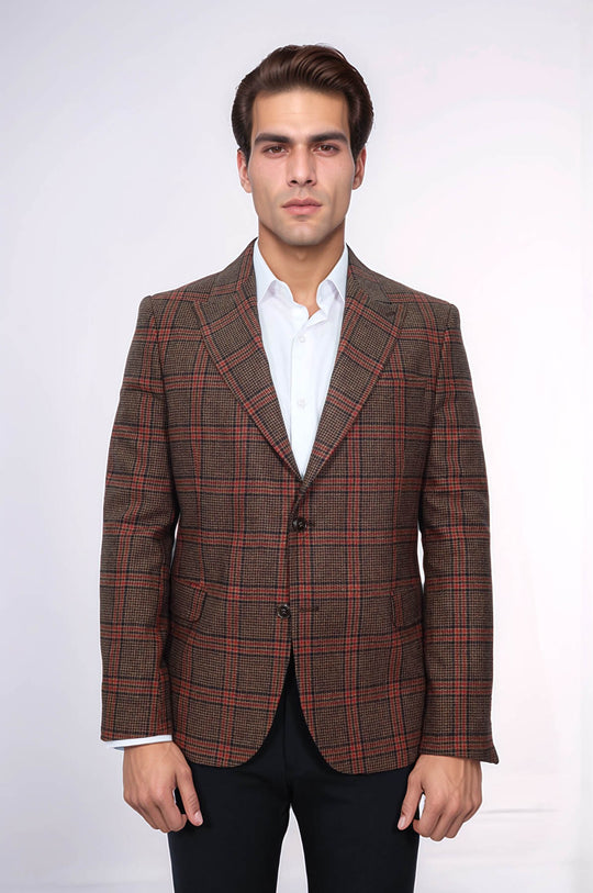 Checked Brown Men Blazer - Wessi