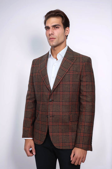 Checked Brown Men Blazer - Wessi