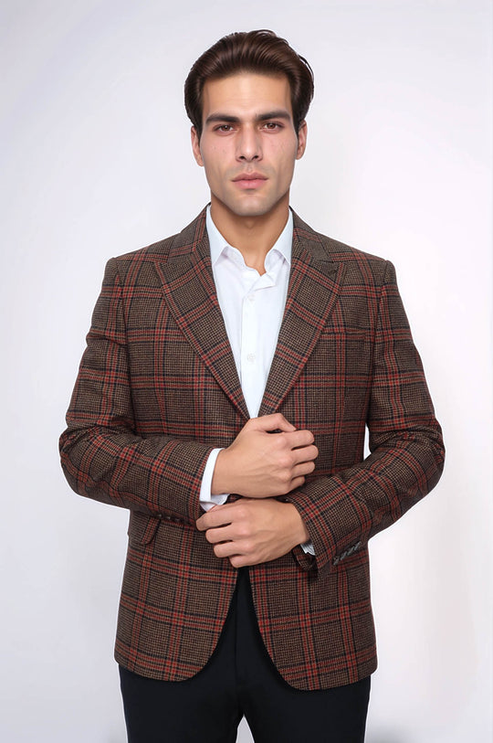 Checked Brown Men Blazer - Wessi