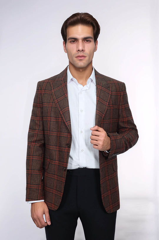 Checked Brown Men Blazer - Wessi
