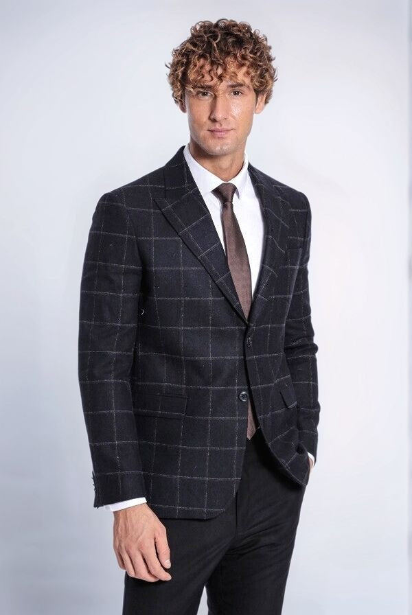 Plaid Wool Black Men Blazer - Wessi