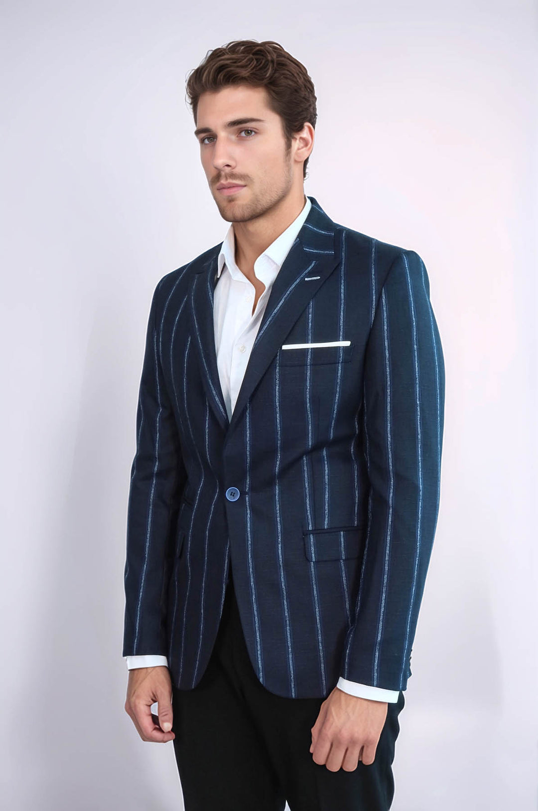 Striped Dark Blue Slim-Fit Blazer - Wessi