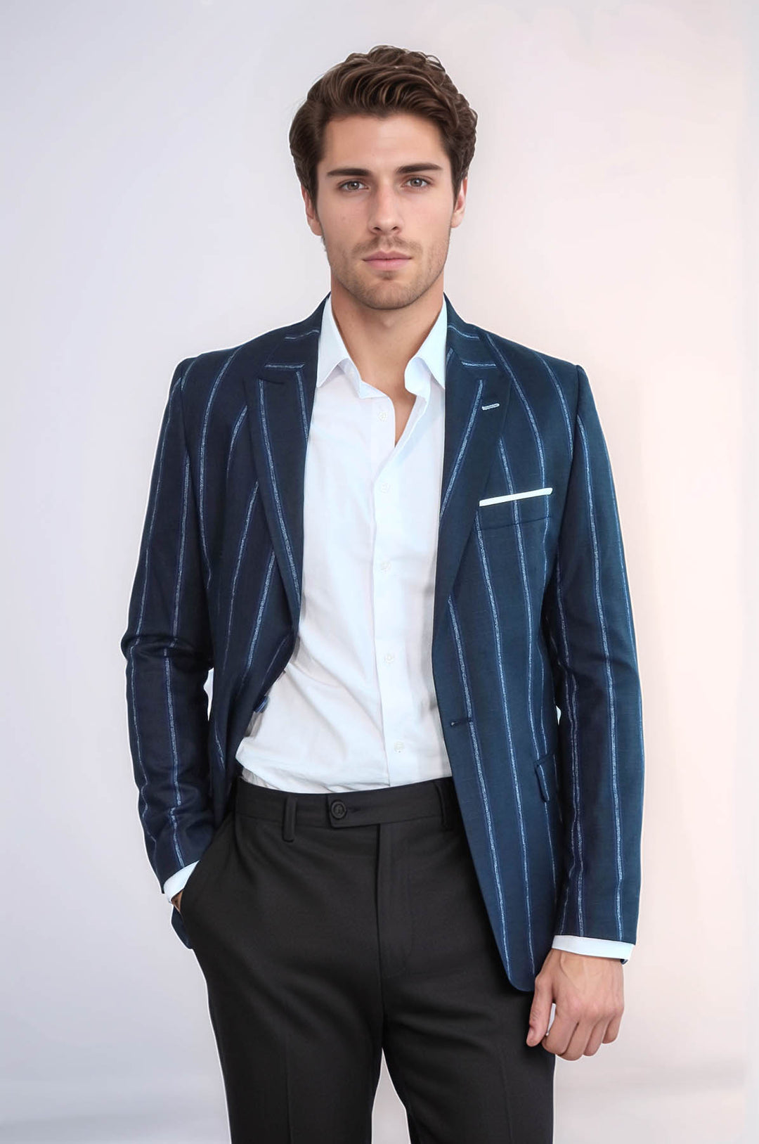 Striped Dark Blue Slim-Fit Blazer - Wessi