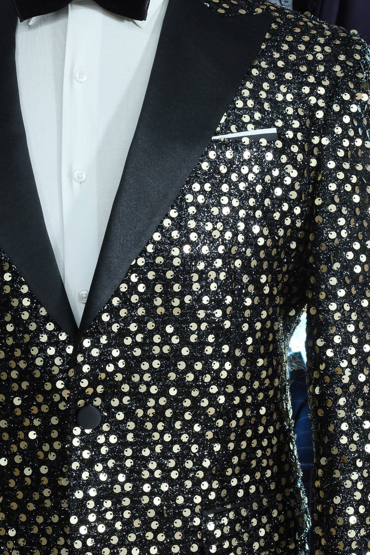 Golden Sequin Peak Lapel Tuxedo Jacket with Black Pants - Groom Party Look