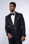 Navy Blue Sequin Patterned Party Blazer | Wessi