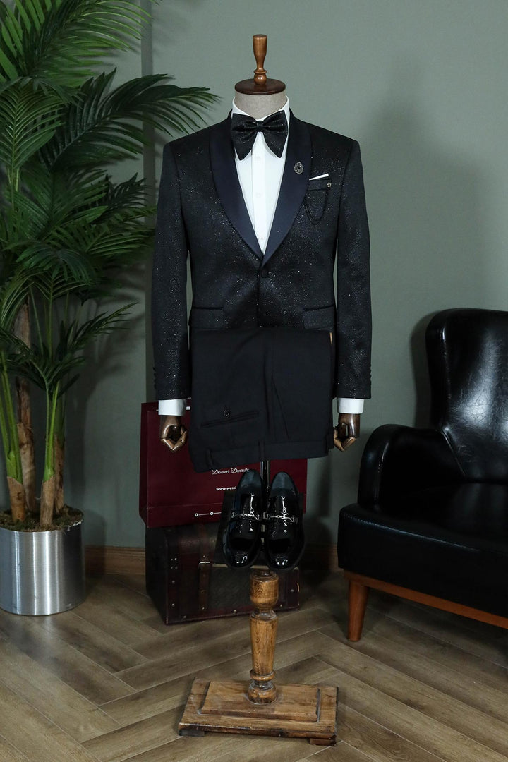 Black Glittery Shawl Lapel Tuxedo with Matching Pants & Accessories - Formal Evening Look