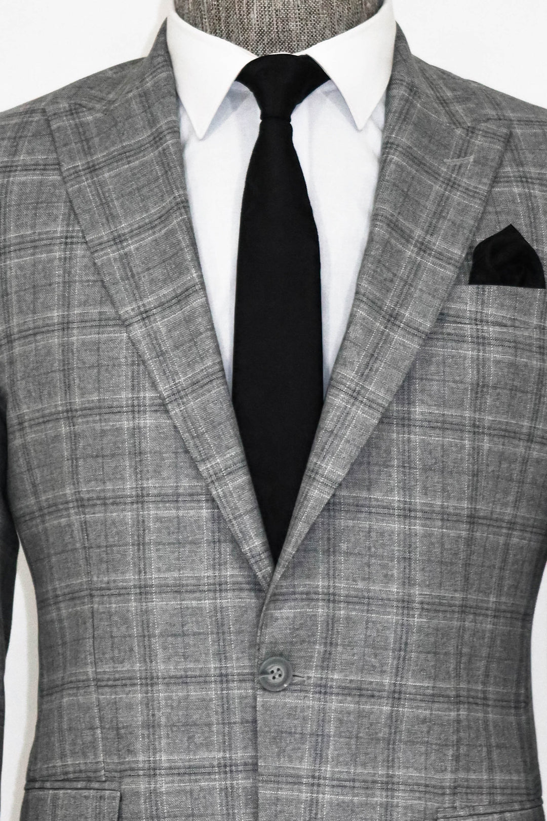 Slim Fit Peak Lapel Checked Grey Men Blazer - Wessi