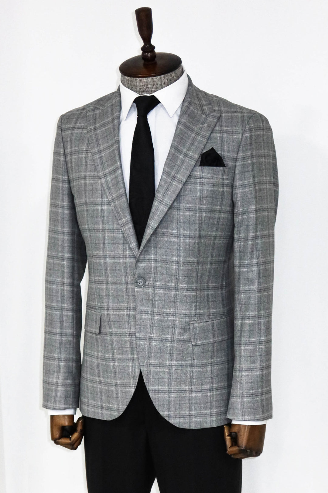 Slim Fit Peak Lapel Checked Grey Men Blazer - Wessi