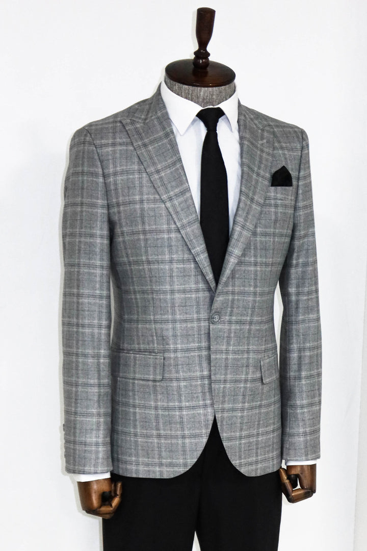 Slim Fit Peak Lapel Checked Grey Men Blazer - Wessi