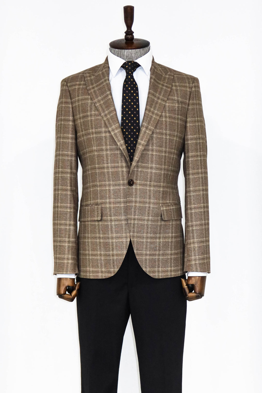 Slim Fit Peak Lapel Checked Grey Men Blazer - Wessi