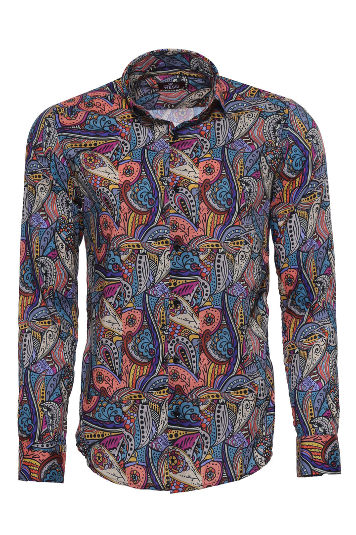 Patterned Slim Fit Long Sleeves Multicolor Men Shirt - Wessi