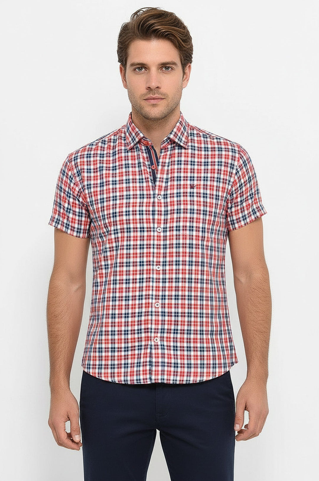 Checked Short Sleeves Navy Blue Men Shirt - Wessi