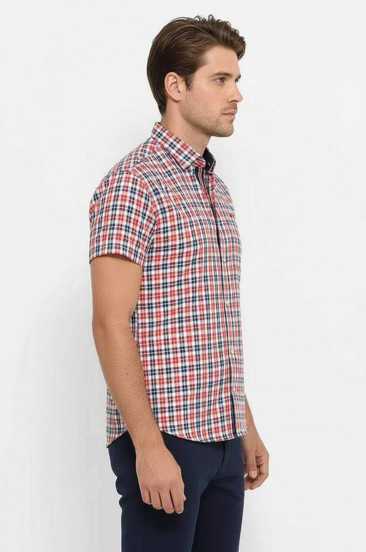 Checked Short Sleeves Navy Blue Men Shirt - Wessi