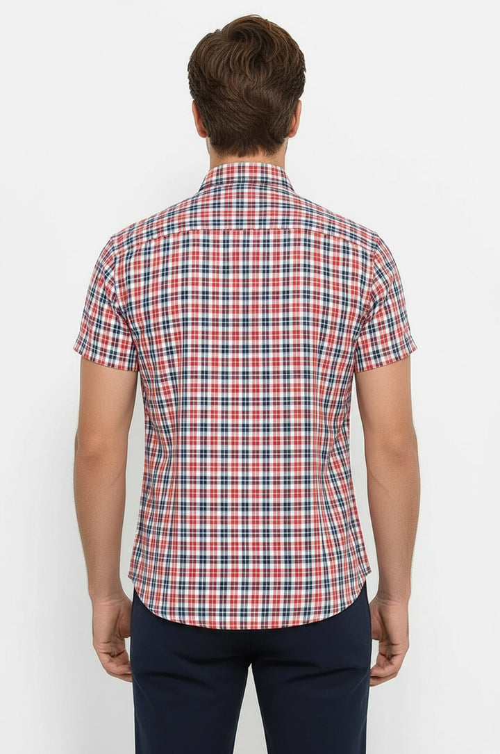 Checked Short Sleeves Navy Blue Men Shirt - Wessi