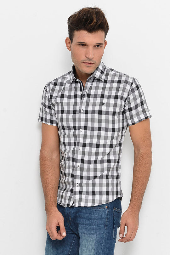Camicia da uomo bianca-nera a maniche corte a quadri - Wessi
