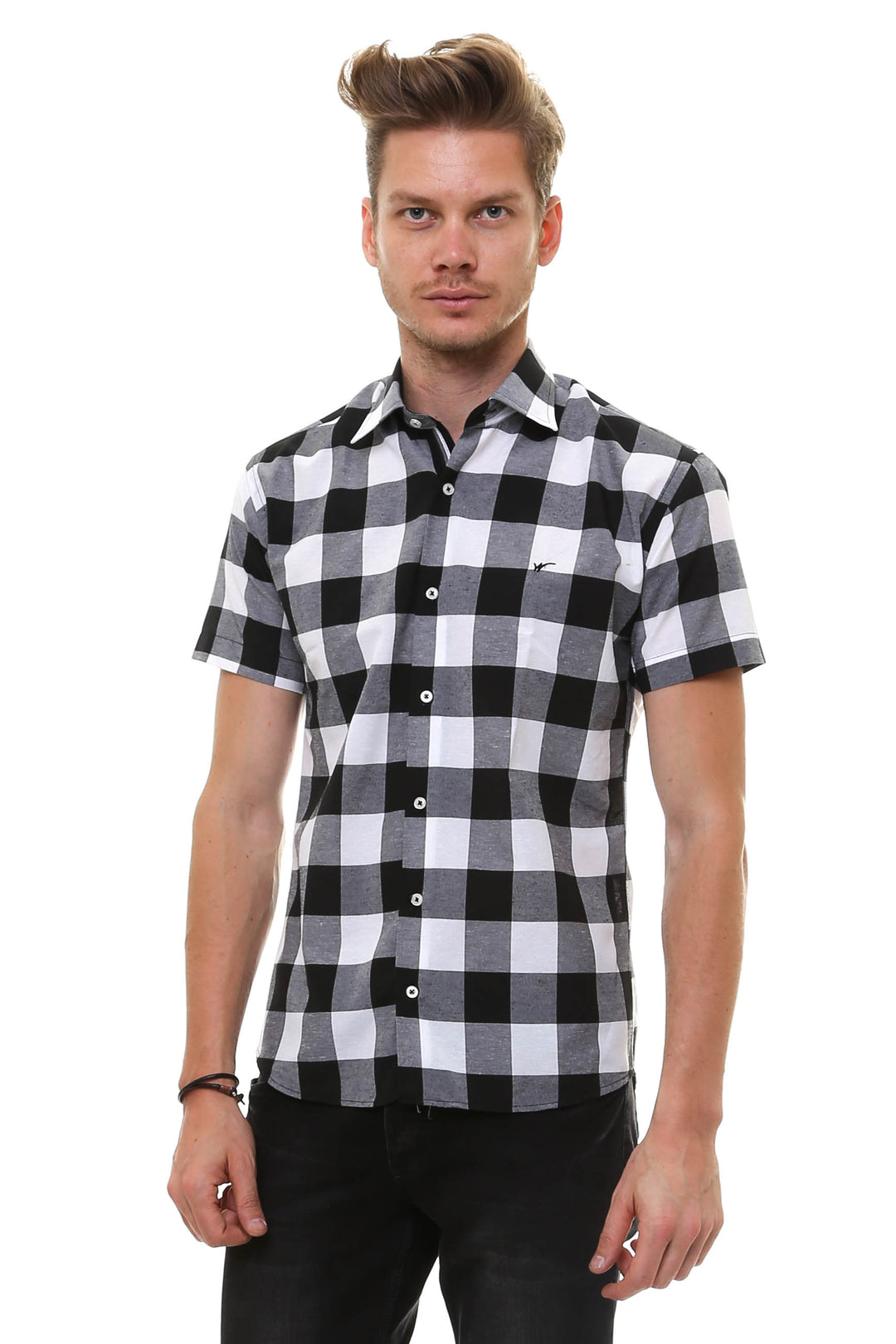 Camisa Hombre Cuadros Manga Corta Blanco-Negro - Wessi