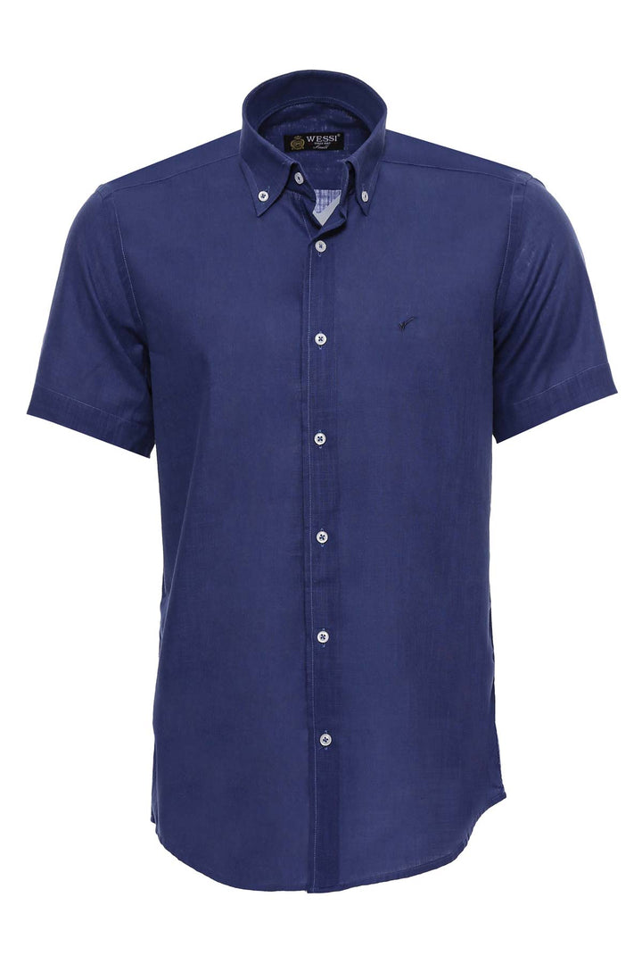 Linen Blend Short Sleeves Navy Blue Men Shirt - Wessi