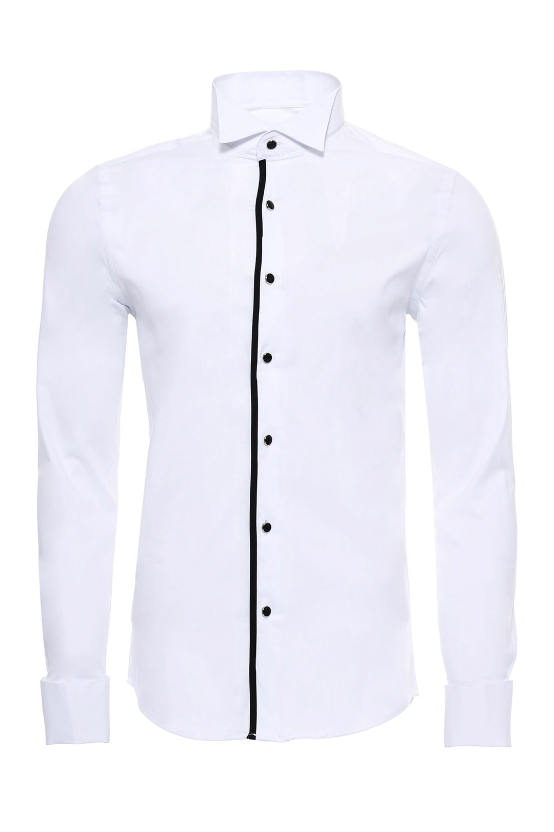 Camisa de esmoquin blanca de manga larga con botones negros para hombre