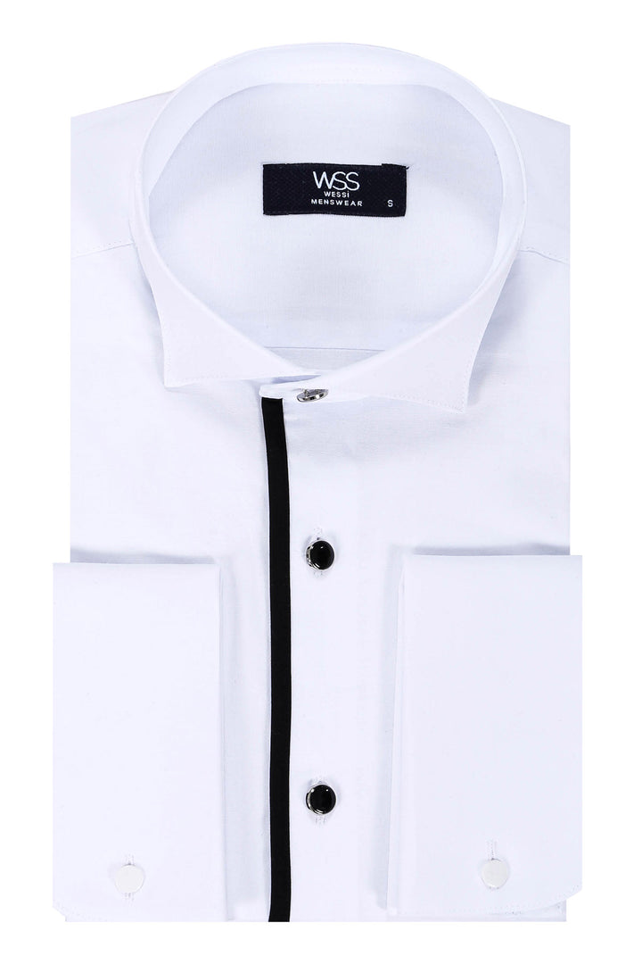 Camisa de esmoquin blanca de manga larga con botones negros para hombre