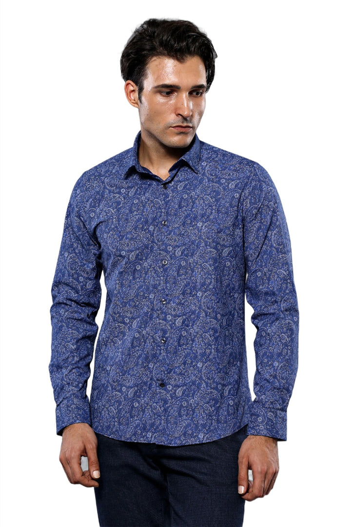 Chemise Bleue Homme Motif Damassé Manches Longues - Wessi