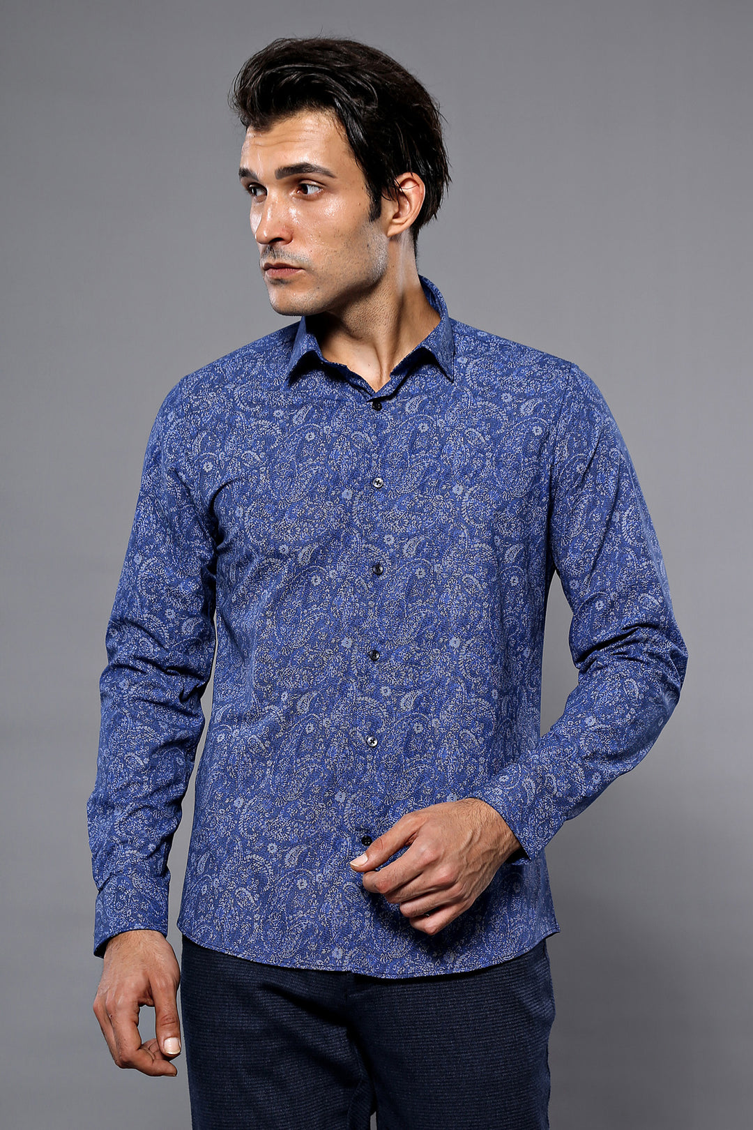 Chemise Bleue Homme Motif Damassé Manches Longues - Wessi