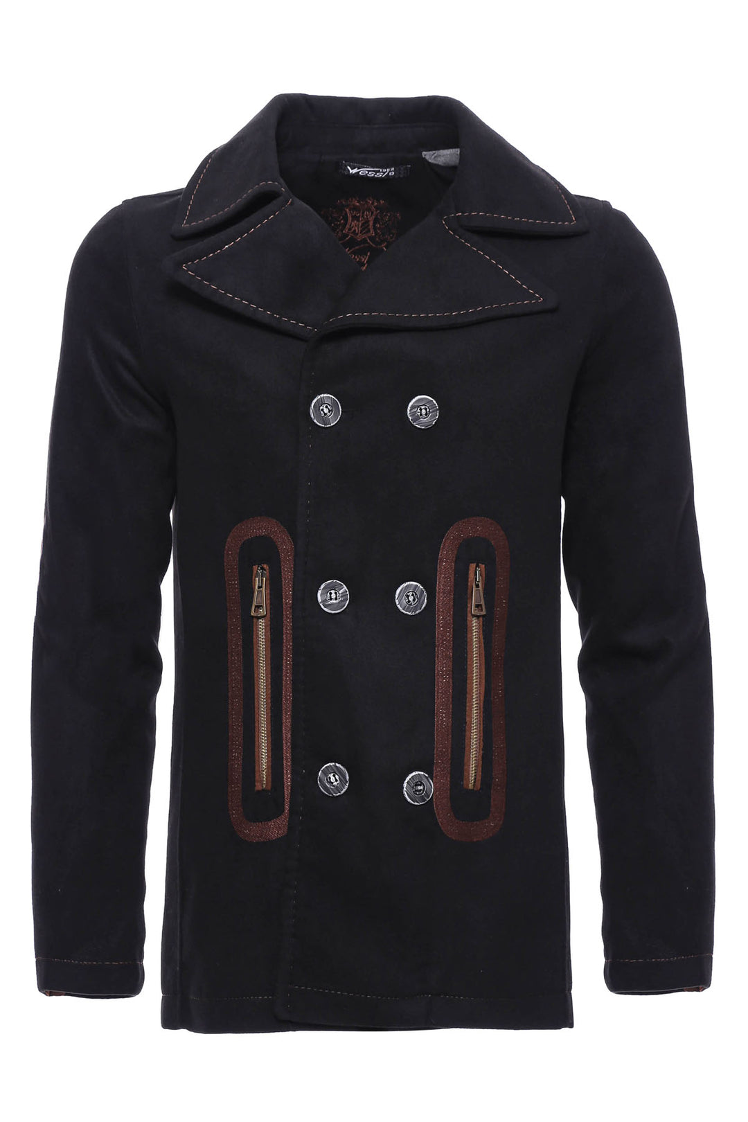 Pocket Edge Embroidered 6 Buttons Brown Coat-Wessi