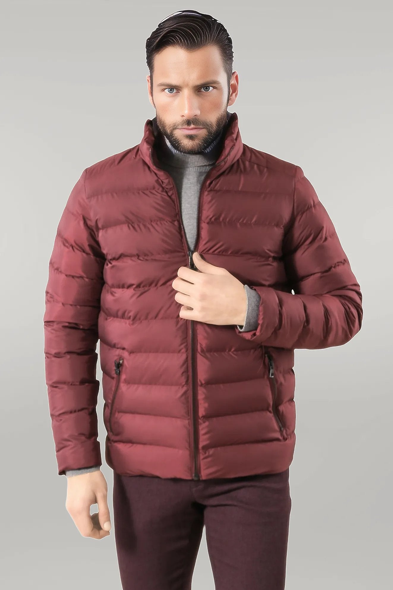 Quilted Standing Collar 2 Pockets Short Men Down Coat - Wessi