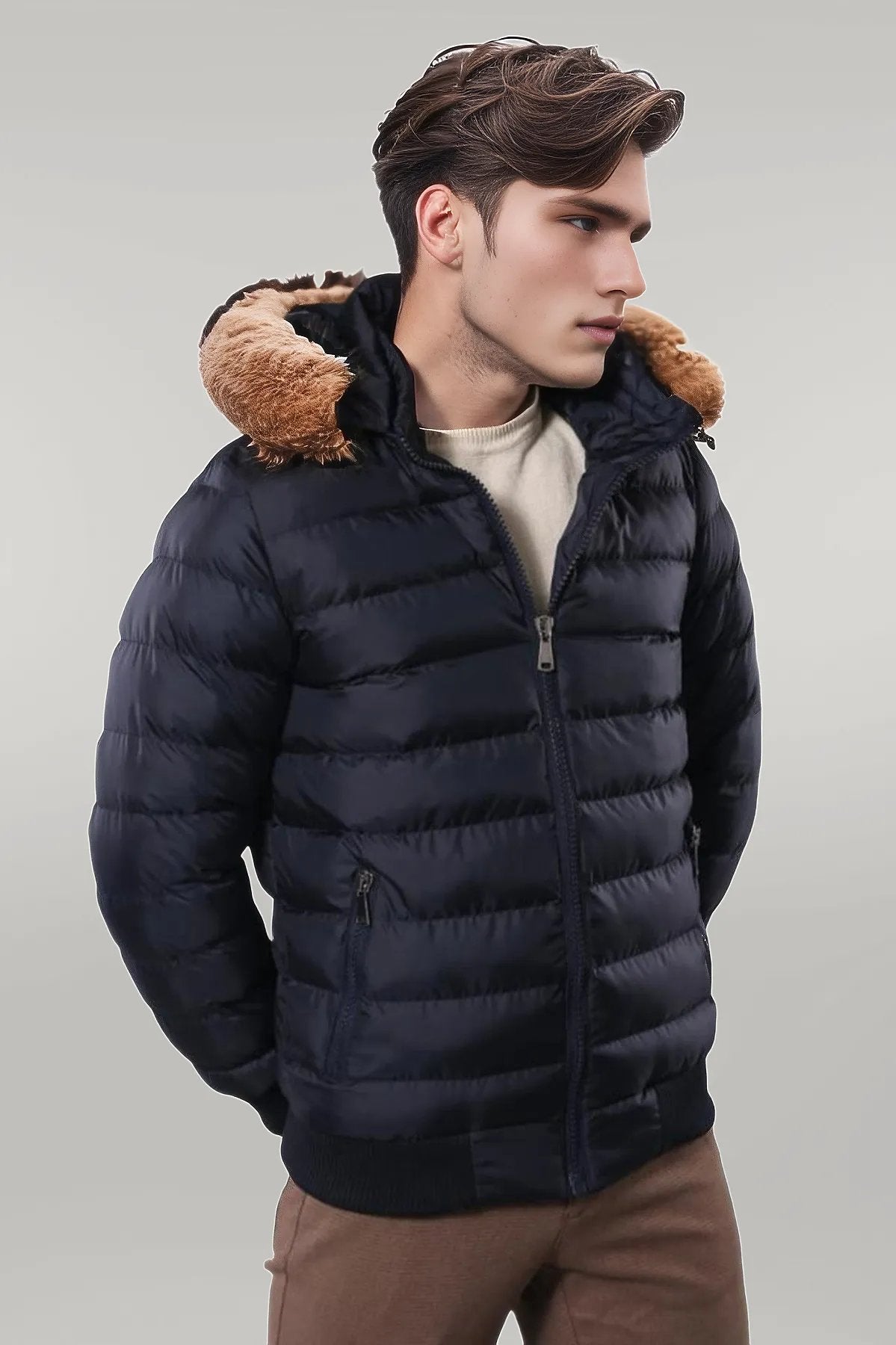 Navy down coat with fur hood best sale