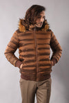 Fur Hooded Men's Puffer Coat in Tan | Wessi