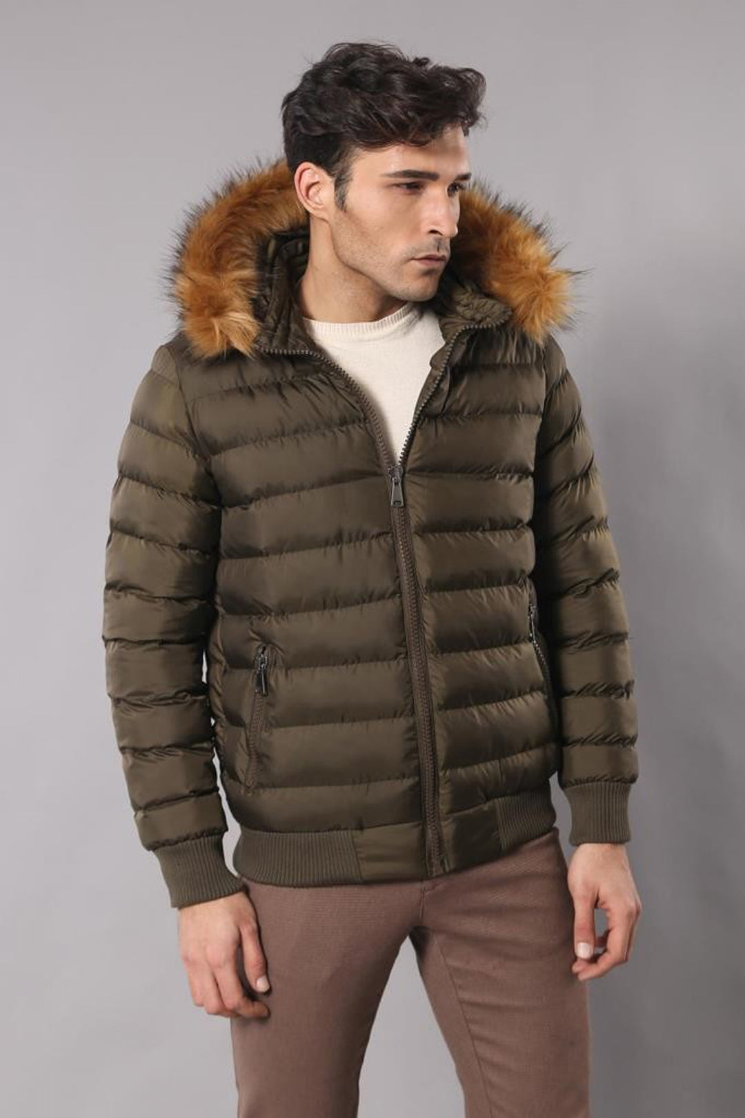 Khaki Fur Hooded Men's Puffer Coat - Wessi