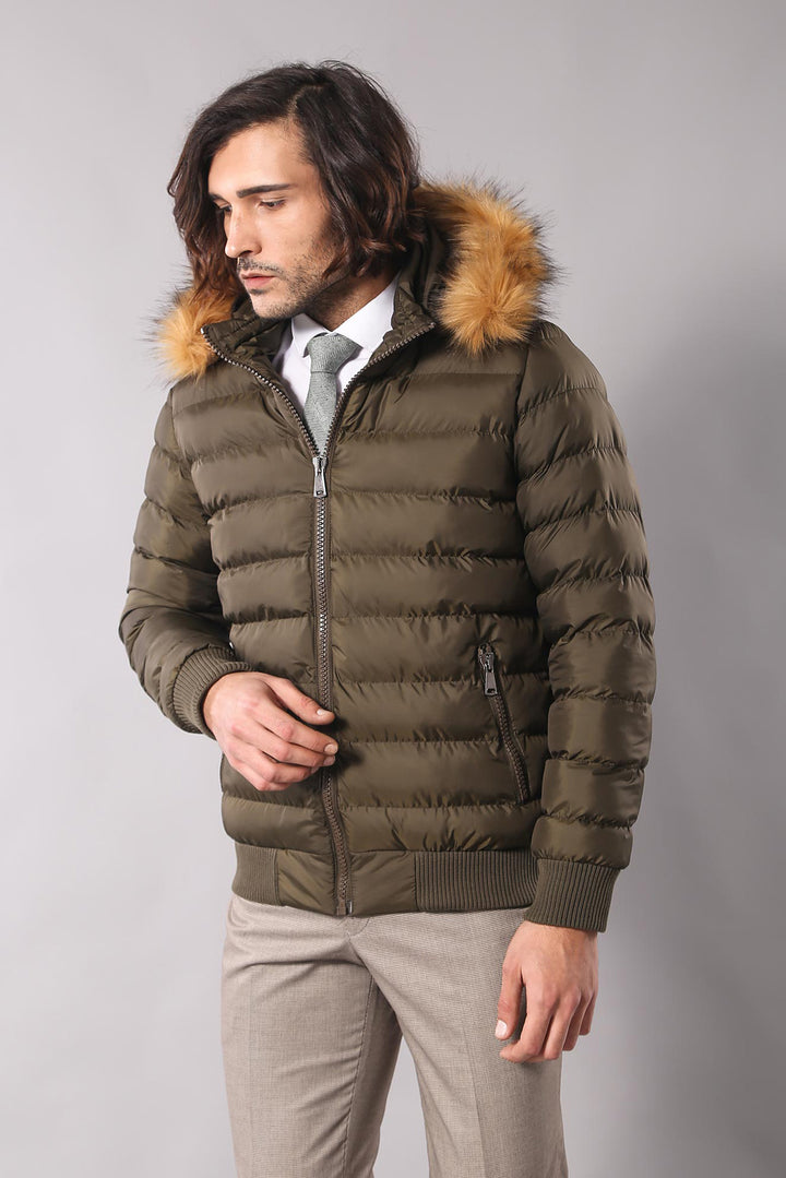 Khaki Fur Hooded Men's Puffer Coat - Wessi