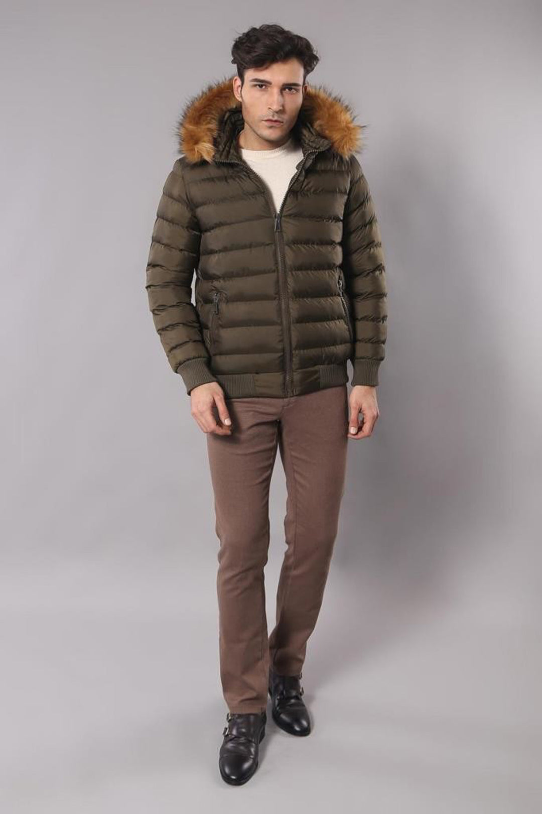 Khaki Fur Hooded Men's Puffer Coat - Wessi