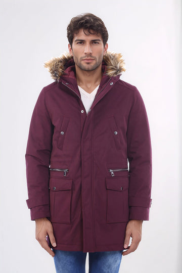 Fur Hooded Burgundy Men Coat - Wessi