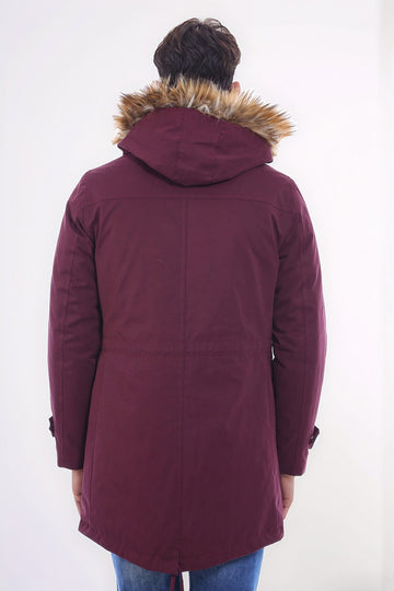 Fur Hooded Burgundy Men Coat - Wessi