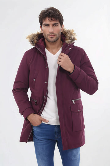 Fur Hooded Burgundy Men Coat - Wessi