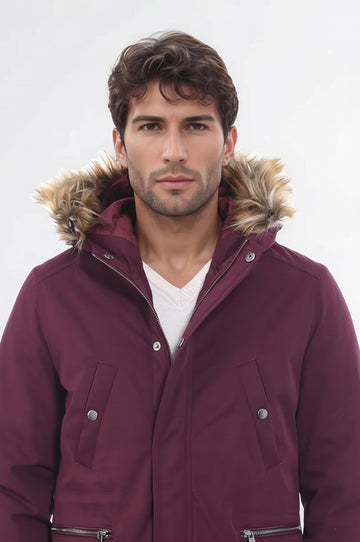 Fur Hooded Burgundy Men Coat - Wessi