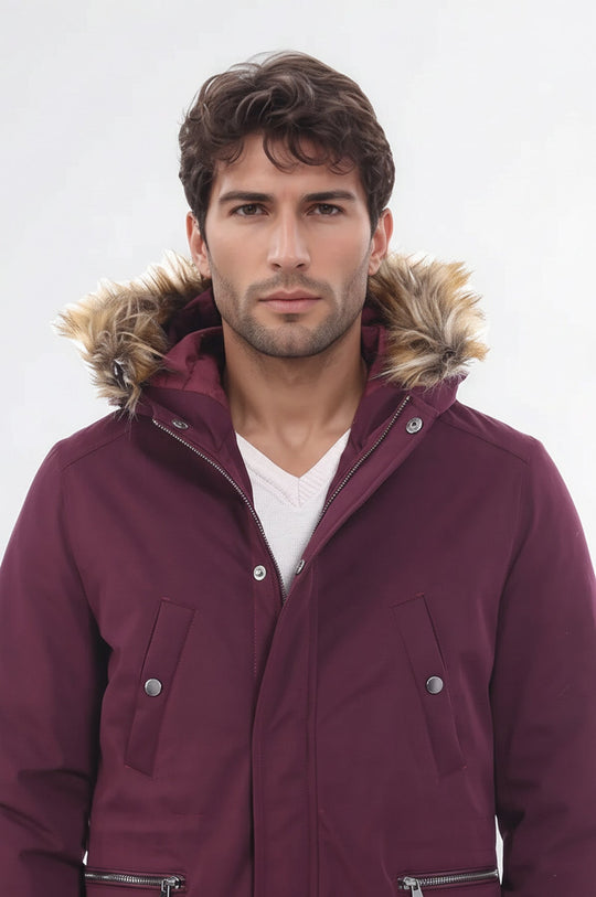 Fur Hooded Burgundy Men Coat - Wessi