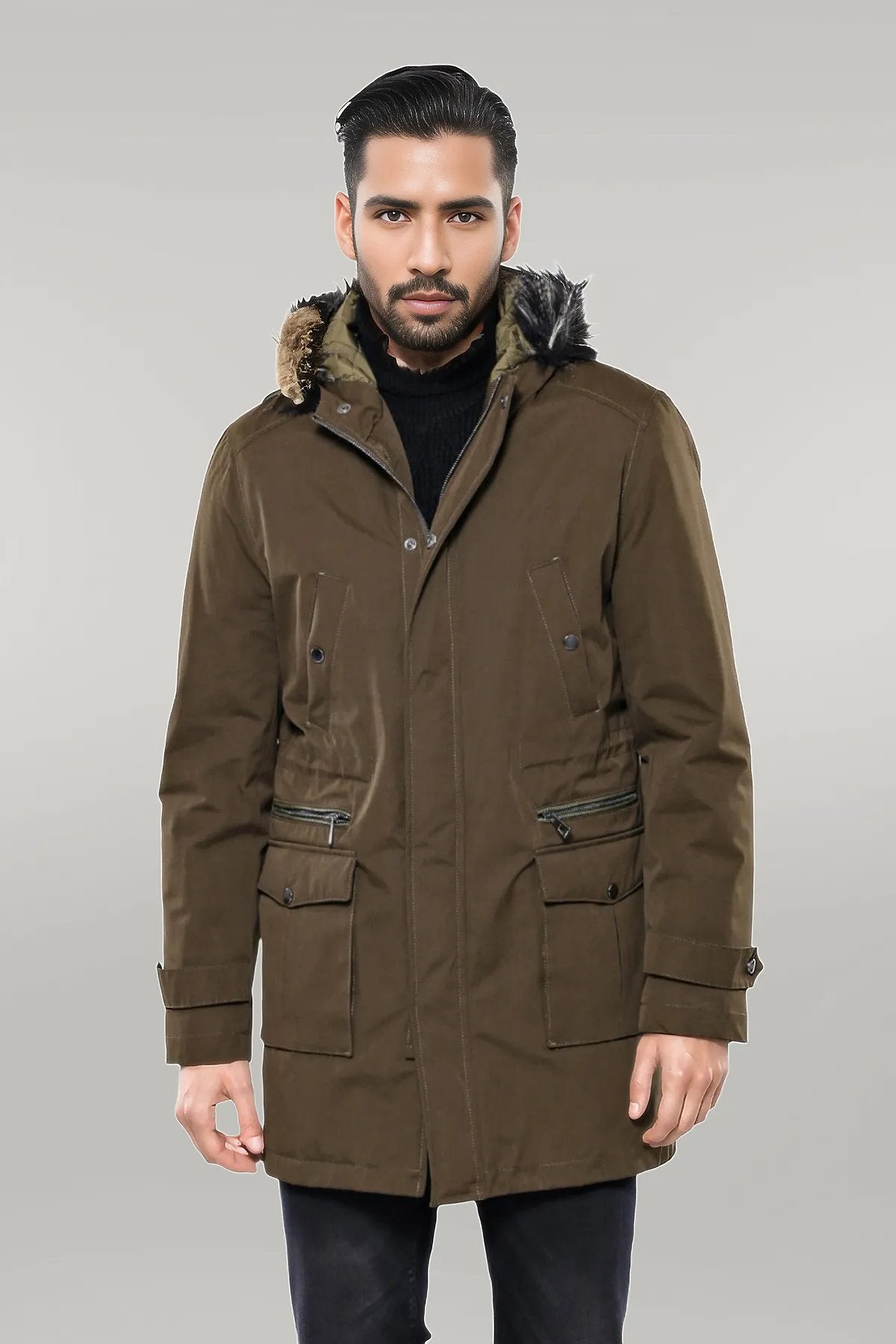 Mens khaki coat with fur best sale