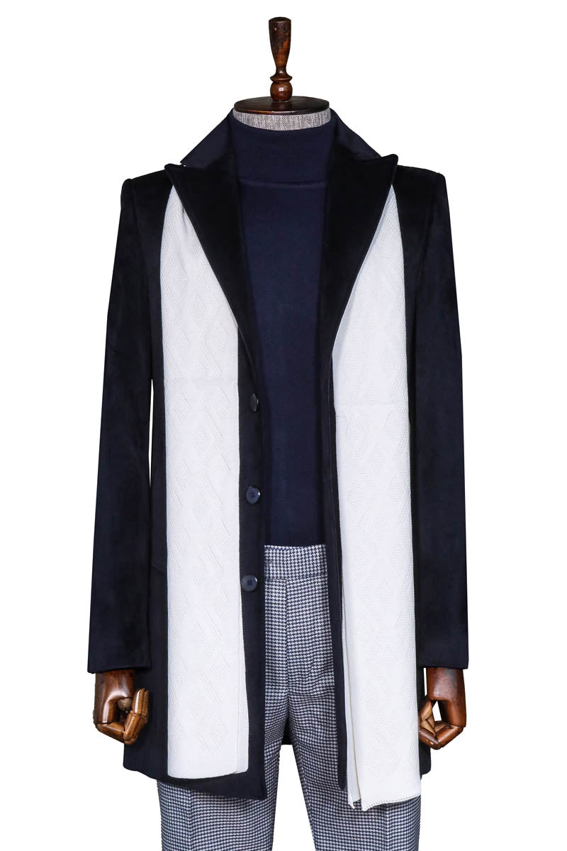 Navy Blue Coat, White Scarf, Turtleneck Knitwear, and Plaid Trousers Look - Wessi Urban Men’s Winter Fashion