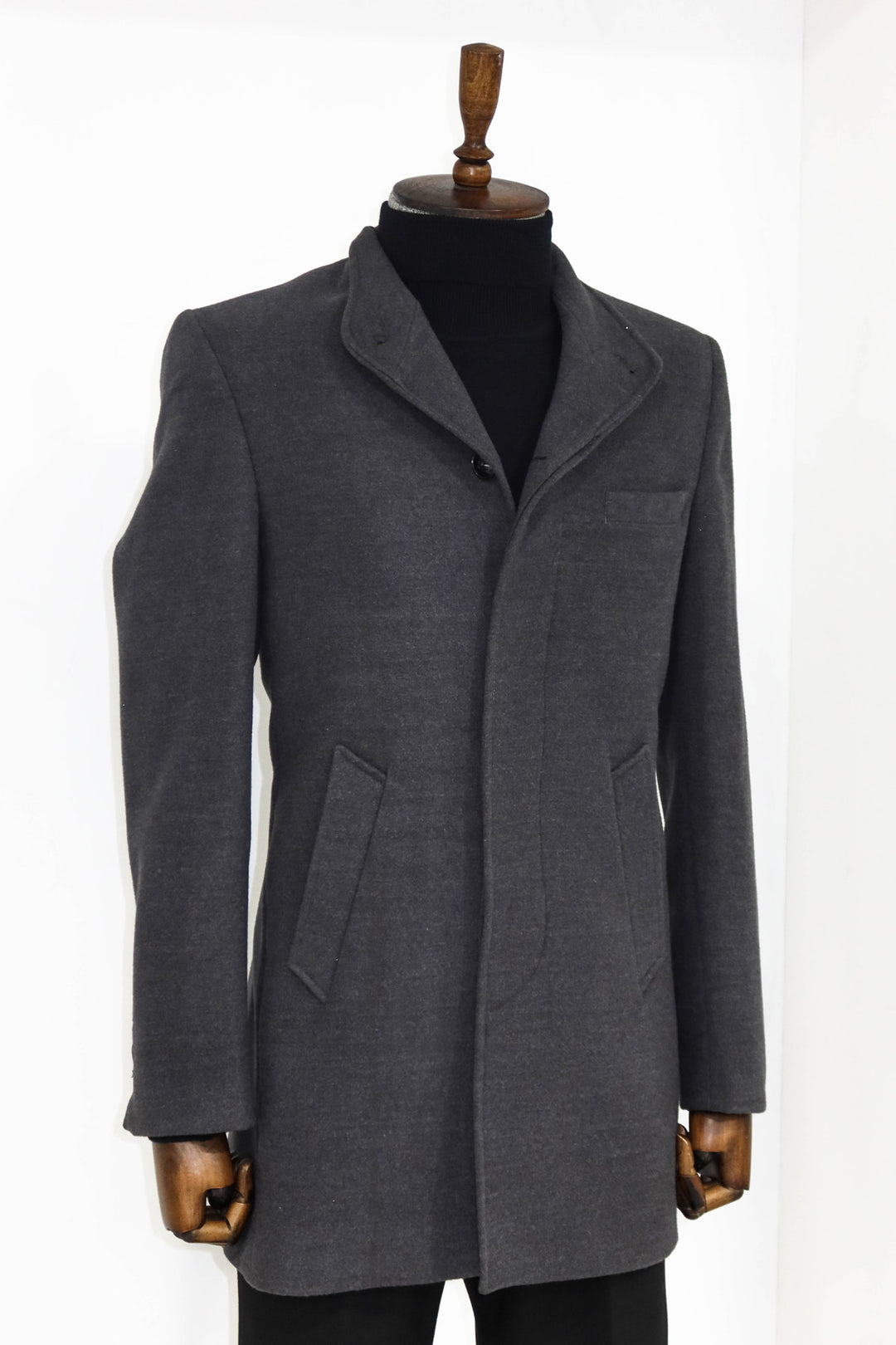 Cappotto lungo da uomo grigio con collo alla coreana | Wess